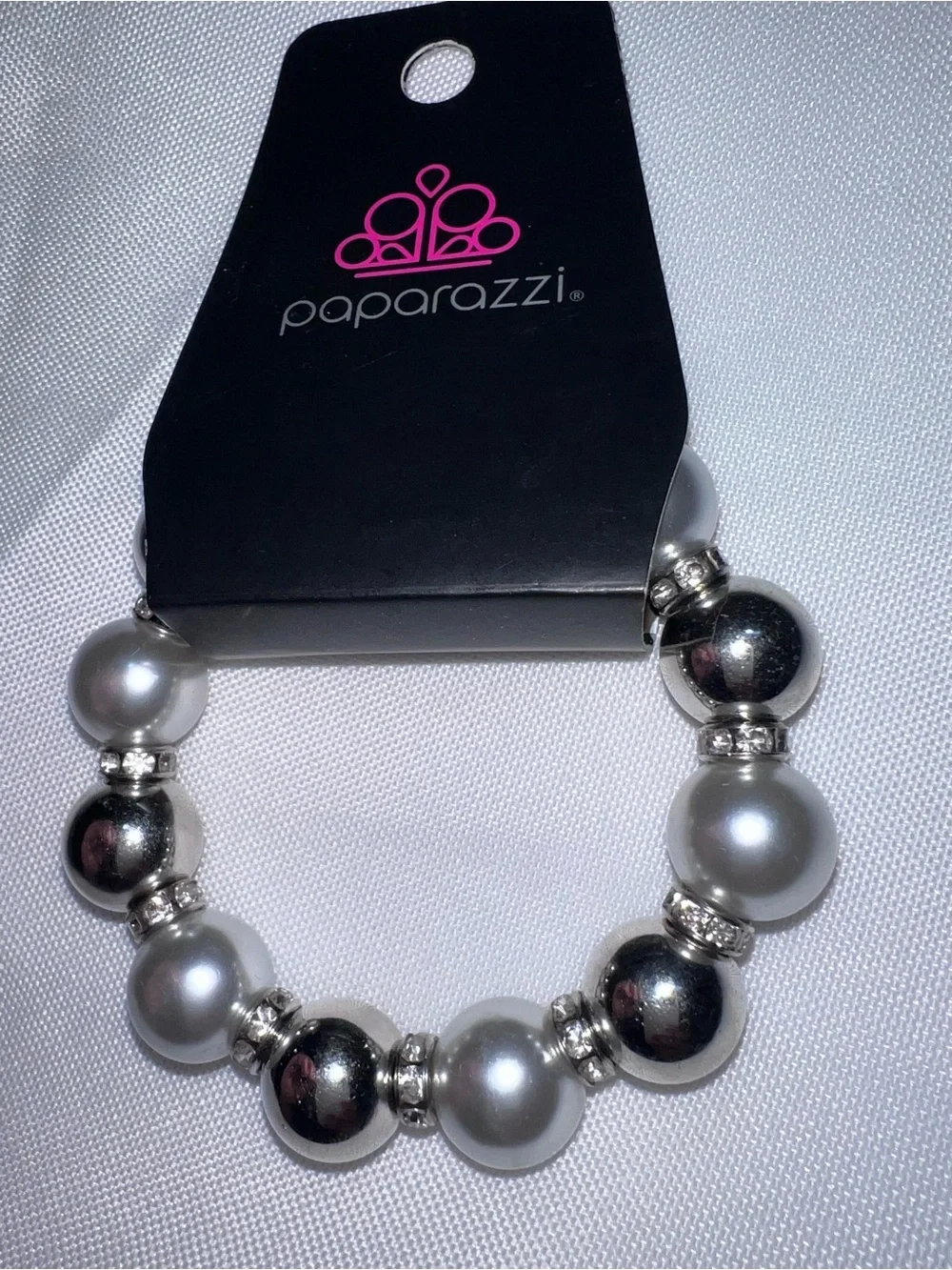 paparazzi Silver & White Pearl Stretch Bracelet with Rhinestone Accents